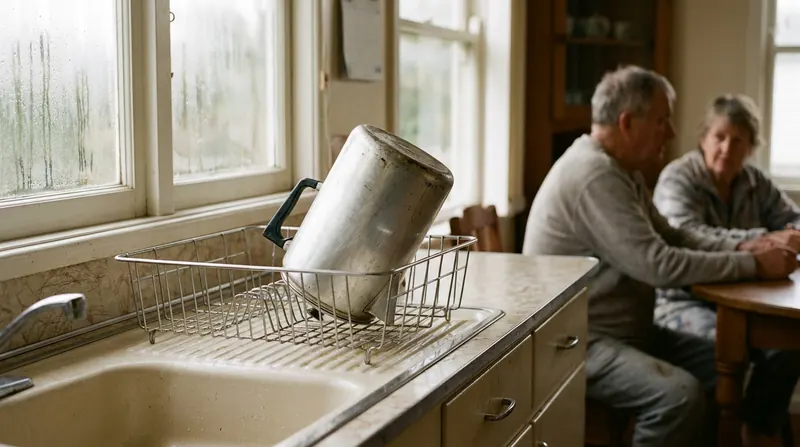 A twelve-cup coffee percolator upside down drying on a dish rack