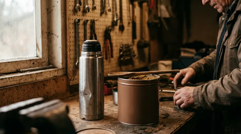 A dented thermos on a workbench beside a tin of brown powder and a wooden spoon