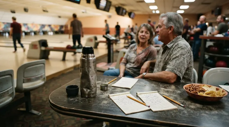 A bowling alley table with a thermos and scorecards