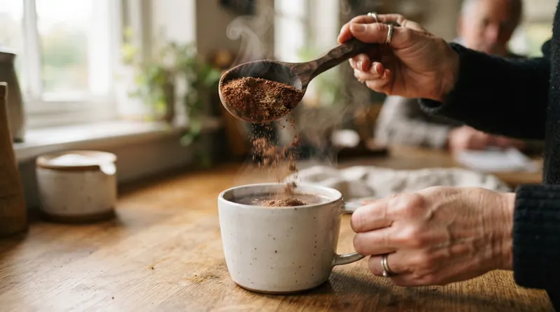 A wooden spoon heaping with dark brown cacao-chai powder over a steaming mug
