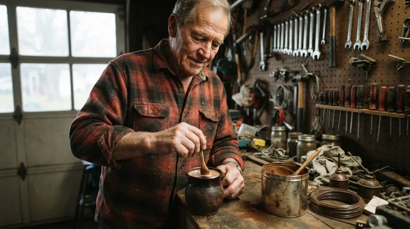 An older man stirring a dark mug in a garage workshop