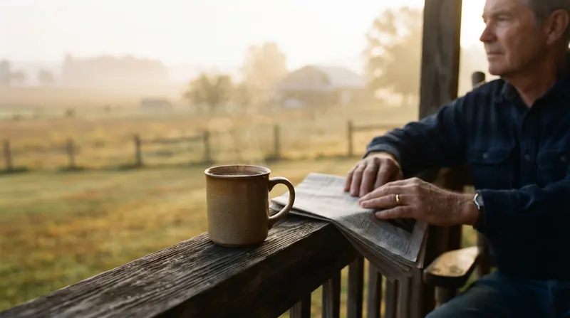 A steaming dark mug on a porch rail at sunrise