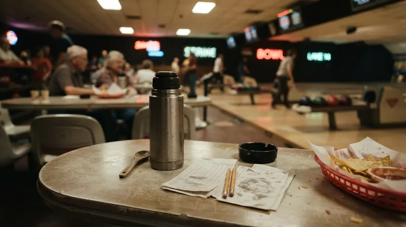 A bowling alley table with a thermos and scorecards
