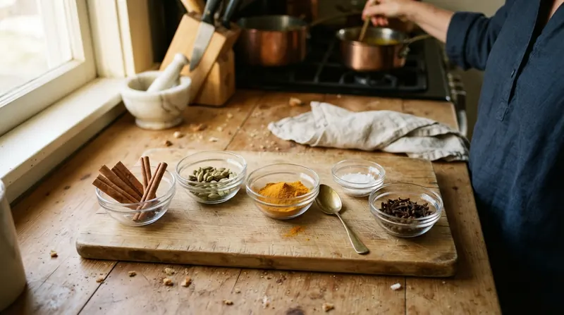 Kitchen spices - cinnamon sticks, cardamom pods and turmeric powder in small bowls