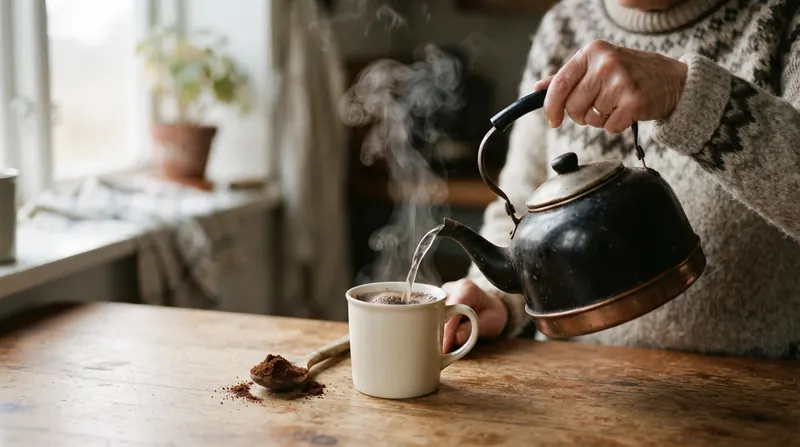 A kettle pouring hot water into a mug with a spoon of brown powder waiting