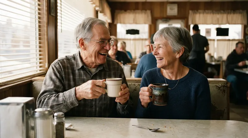 An older couple at a diner table, one with coffee one with a dark mug