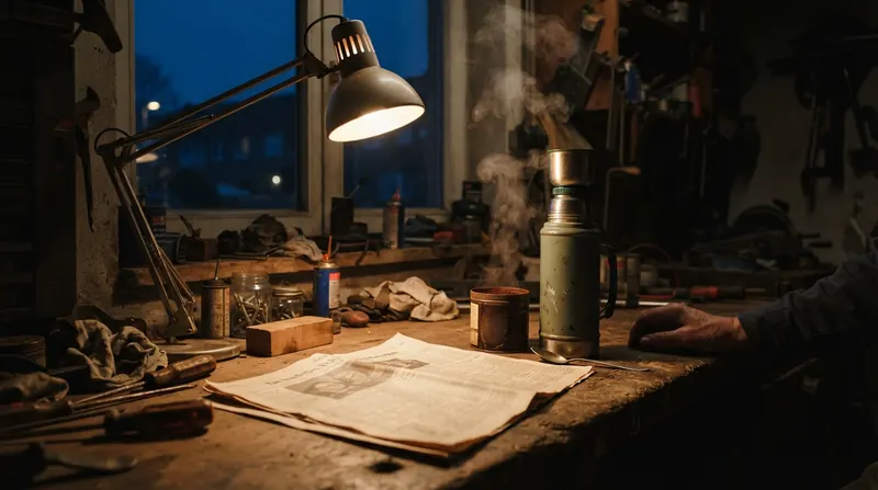 A garage workbench at five-thirty in the morning with a thermos and reading lamp