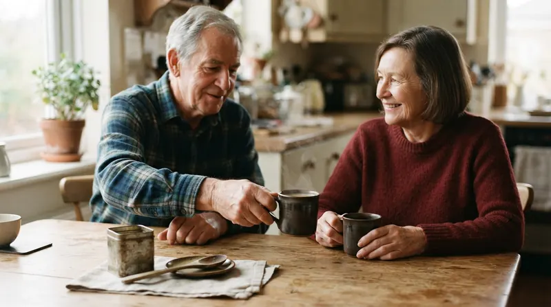 An older couple at a kitchen table with two dark mugs